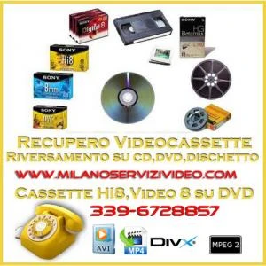 Recupero e travaso nastri videocassette vhs, vhsc, betamax, hi8, minidv, 8mm,  super 8, lettore vhs dvd : (Milano)